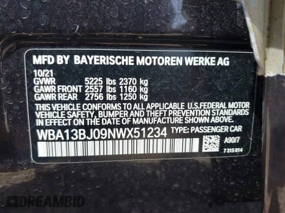 2022 BMW 5 Series 530i xDrive with VIN WBA13BJ09NWX51234, listed as a IAAI auction lot 42106974 with 26,480 mi miles and . Bid and sale history available at DreamBid. Image 9.