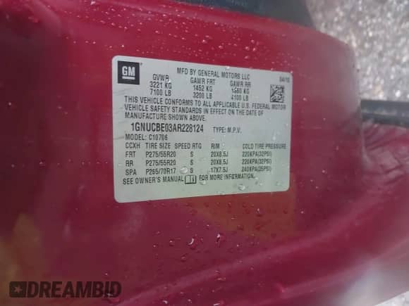 2010 Chevrolet Tahoe LT with VIN 1GNUCBE03AR228124, listed as a IAAI auction lot 42151328 with Not provided miles and . Bid and sale history available at DreamBid. Image 9.