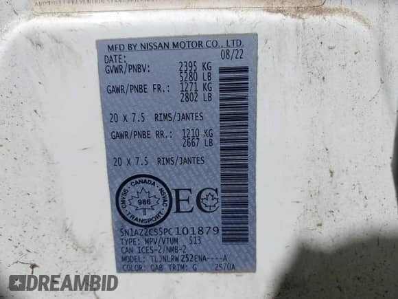 2023 Nissan Murano SL with VIN 5N1AZ2CS5PC101879, listed as a IAAI auction lot 42627882 with 21,382 mi miles and . Bid and sale history available at DreamBid. Image 9.