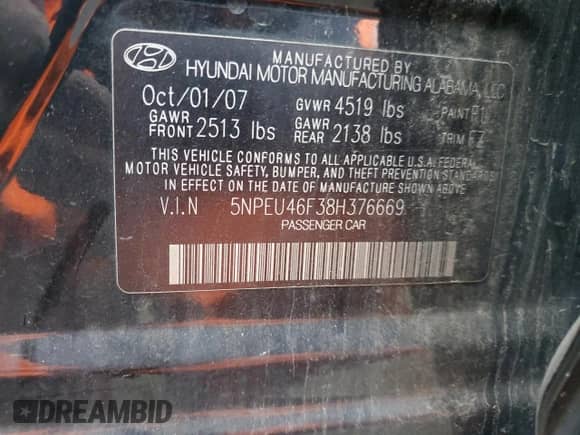 2008 Hyundai Sonata SE с VIN 5NPEU46F38H376669, выставлен на аукционе Copart как лот 85164584 с пробегом 104 870 миль миль и Списание • Salvage title. История ставок и продаж доступна на DreamBid. Изображение 12.
