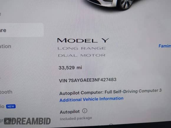 2022 Tesla Model Y Long Range с VIN 7SAYGAEE3NF427483, выставлен на аукционе IAAI как лот 43443237 с пробегом 33 529 миль миль и . История ставок и продаж доступна на DreamBid. Изображение 16.