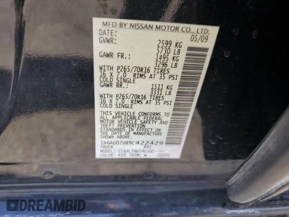2009 Nissan Frontier SE with VIN 1N6AD07U89C422429, listed as a Copart auction lot 58546945 with 140,325 mi miles and Salvage title. Bid and sale history available at DreamBid. Image 12.