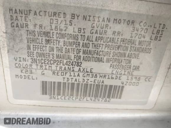 2015 Nissan Note S Plus with VIN 3N1CE2CP2FL424782, listed as a IAAI auction lot 43533075 with 169,464 mi miles and . Bid and sale history available at DreamBid. Image 9.