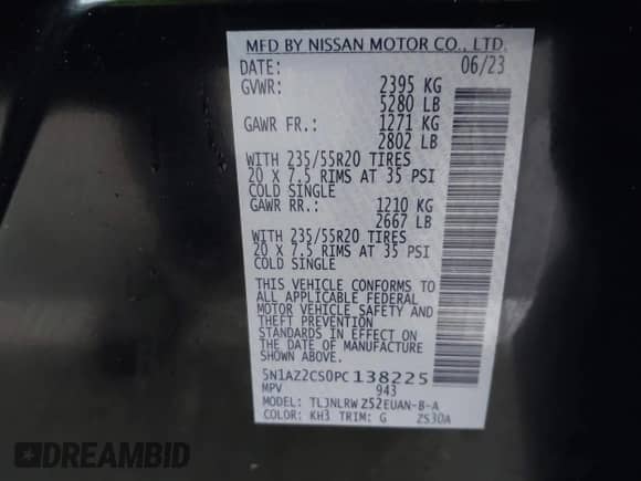 2023 Nissan Murano SL with VIN 5N1AZ2CS0PC138225, listed as a IAAI auction lot 41675550 with 25,518 mi miles and . Bid and sale history available at DreamBid. Image 9.