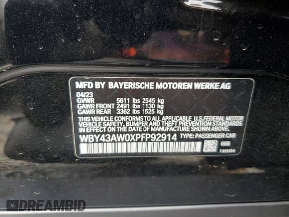 2023 BMW i4 eDrive35 with VIN WBY43AW0XPFP92914, listed as a Copart auction lot 66748865 with 32,088 mi miles and Salvage title. Bid and sale history available at DreamBid. Image 13.