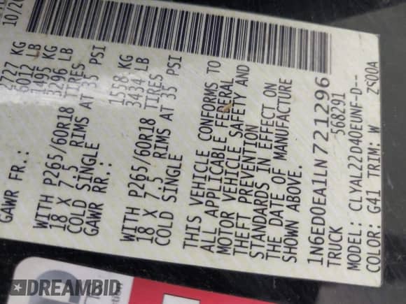 2020 Nissan Frontier SV with VIN 1N6ED0EA1LN721296, listed as a IAAI auction lot 42418615 with 73,932 mi miles and . Bid and sale history available at DreamBid. Image 9.