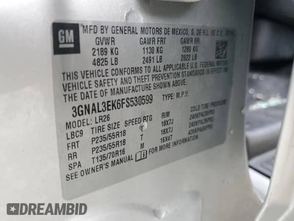 2015 Chevrolet Captiva Sport LT с VIN 3GNAL3EK6FS530599, выставлен на аукционе Copart как лот 78209584 с пробегом Не указан миль и На запчасти • Non repairable. История ставок и продаж доступна на DreamBid. Изображение 12.