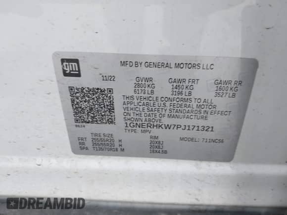 2023 Chevrolet Traverse LT with VIN 1GNERHKW7PJ171321, listed as a IAAI auction lot 41493289 with 40,383 mi miles and . Bid and sale history available at DreamBid. Image 9.