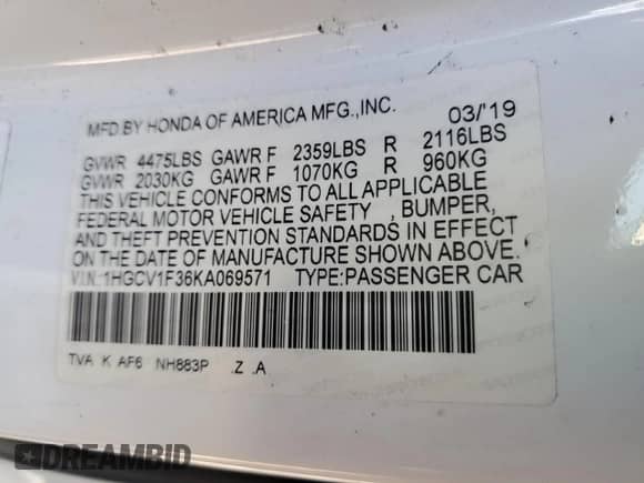 2019 Honda Accord Sport с VIN 1HGCV1F36KA069571, выставлен на аукционе Copart как лот 70428115 с пробегом 84 376 миль миль и Списание • Salvage title. История ставок и продаж доступна на DreamBid. Изображение 13.