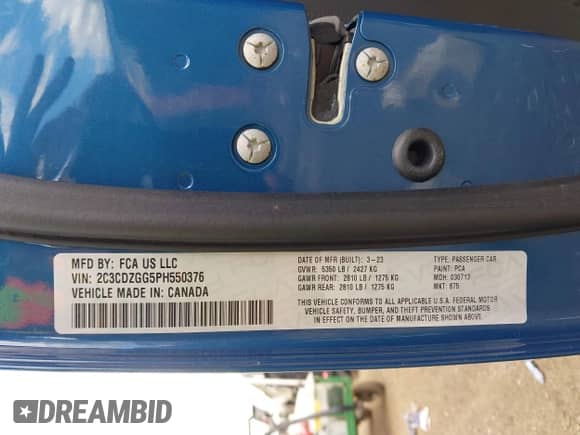 2023 Dodge Challenger SXT с VIN 2C3CDZGG5PH550376, выставлен на аукционе IAAI как лот 43082172 с пробегом 33 579 миль миль и . История ставок и продаж доступна на DreamBid. Изображение 9.