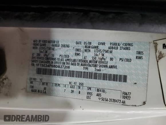 2008 Ford Econoline Cargo Commercial z VIN 1FTSE34P68DB37208, wystawiony jako Copart lot #67356624 z przebiegiem Nie podano mil oraz Szkoda całkowita • Salvage title. Historia ofert i sprzedaży dostępna na DreamBid. Obrazek 15.