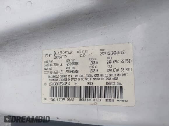 2005 Dodge Dakota SLT с VIN 1D7HE48KX5S244516, выставлен на аукционе IAAI как лот 42581297 с пробегом 247 599 миль миль и . История ставок и продаж доступна на DreamBid. Изображение 9.