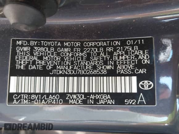 2011 Toyota Prius I with VIN JTDKN3DU7B0268538, listed as a IAAI auction lot 42374046 with 159,534 mi miles and . Bid and sale history available at DreamBid. Image 9.