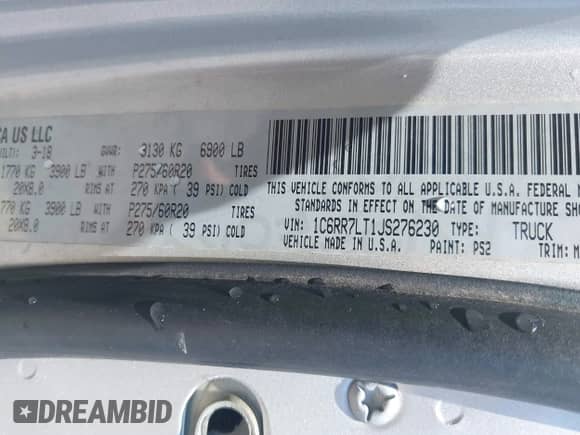 2018 Ram 1500 Big Horn z VIN 1C6RR7LT1JS276230, wystawiony jako IAAI lot #42501686 z przebiegiem 158 840 mil mil oraz . Historia ofert i sprzedaży dostępna na DreamBid. Obrazek 9.