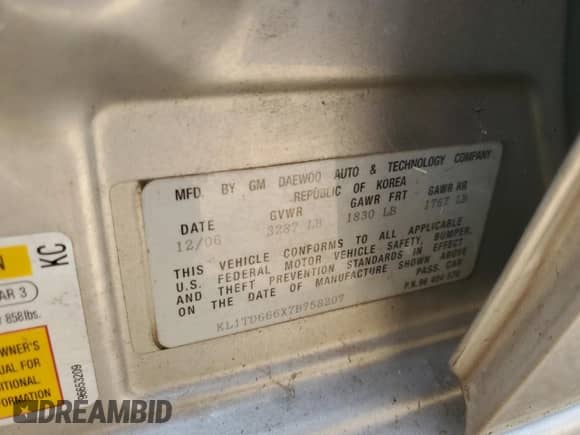 2007 Chevrolet Aveo LS с VIN KL1TD666X7B758207, выставлен на аукционе Copart как лот 71223054 с пробегом Не указан миль и Чистый • Clean title. История ставок и продаж доступна на DreamBid. Изображение 12.