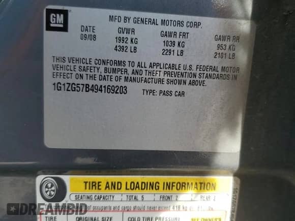 2009 Chevrolet Malibu 1LS with VIN 1G1ZG57B494169203, listed as a Copart auction lot 84866295 with 179,190 mi miles and Salvage title. Bid and sale history available at DreamBid. Image 13.