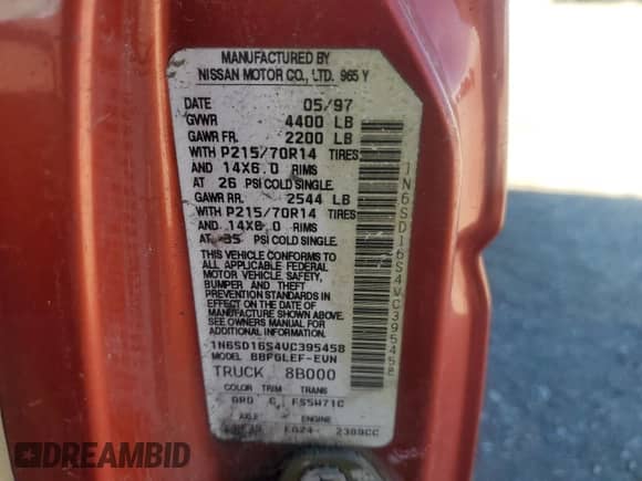 1997 Nissan Frontier XE with VIN 1N6SD16S4VC395458, listed as a Copart auction lot 85908625 with 220,913 mi miles and Clean title. Bid and sale history available at DreamBid. Image 12.