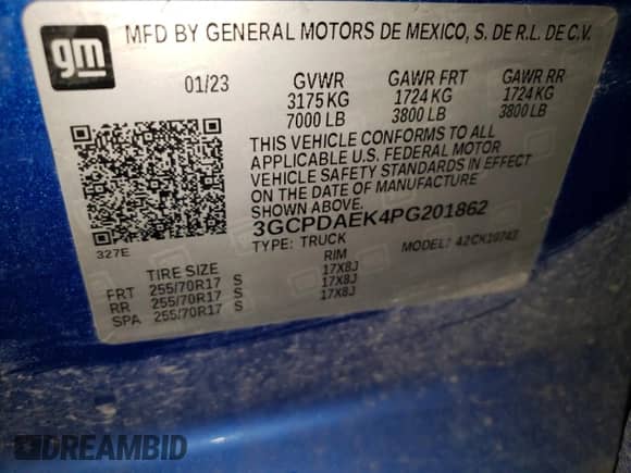 2023 Chevrolet Silverado 1500 Work Truck z VIN 3GCPDAEK4PG201862, wystawiony jako Copart lot #80187655 z przebiegiem 35 131 mil mil oraz Szkoda całkowita • Salvage title. Historia ofert i sprzedaży dostępna na DreamBid. Obrazek 12.
