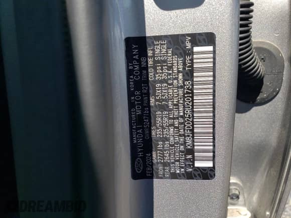 2024 Hyundai Tucson Limited с VIN KM8JFDD25RU201738, выставлен на аукционе Copart как лот 69620575 с пробегом 13 миль миль и Списание • Salvage title. История ставок и продаж доступна на DreamBid. Изображение 12.