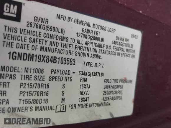 2003 Chevrolet Astro с VIN 1GNDM19X03B111420, выставлен на аукционе IAAI как лот 42210673 с пробегом 143 029 миль миль и . История ставок и продаж доступна на DreamBid. Изображение 9.