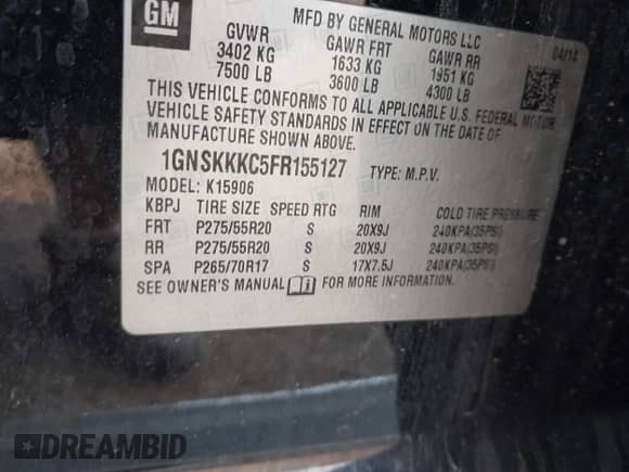 2015 Chevrolet Suburban LTZ z VIN 1GNSKKKC5FR155127, wystawiony jako IAAI lot #42868596 z przebiegiem Nie podano mil oraz . Historia ofert i sprzedaży dostępna na DreamBid. Obrazek 9.