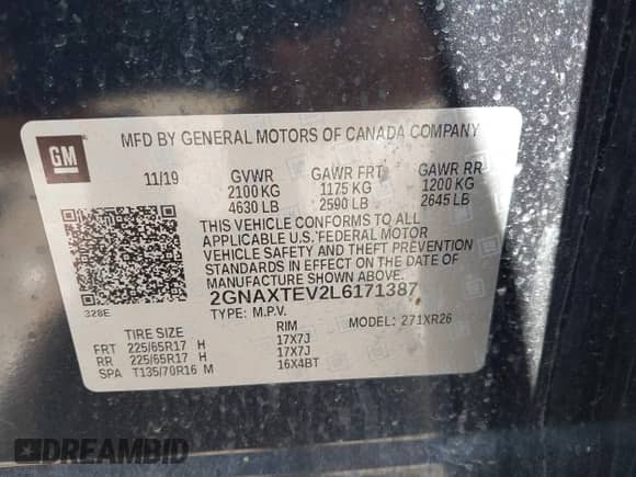 2020 Chevrolet Equinox LT с VIN 2GNAXTEV2L6171387, выставлен на аукционе IAAI как лот 42635150 с пробегом 62 580 миль миль и . История ставок и продаж доступна на DreamBid. Изображение 9.