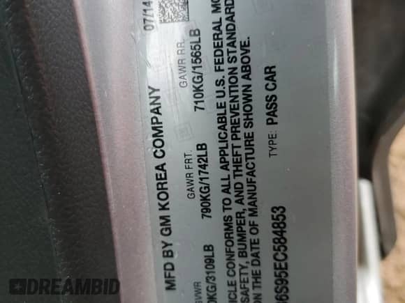 2014 Chevrolet Spark LS с VIN KL8CB6S95EC584853, выставлен на аукционе Copart как лот 61325245 с пробегом 92 555 миль миль и Списание • Salvage title. История ставок и продаж доступна на DreamBid. Изображение 12.