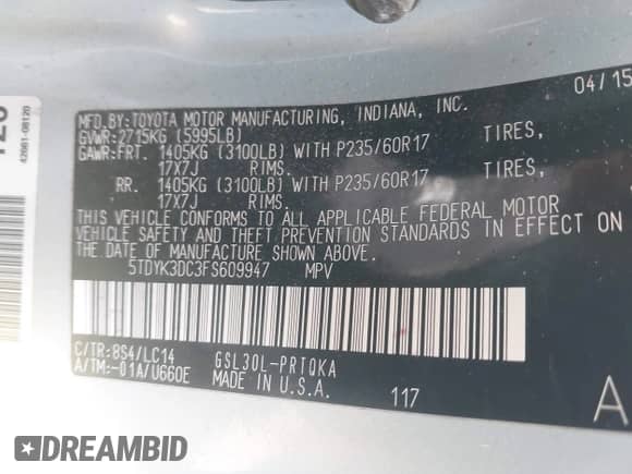 2015 Toyota Sienna XLE with VIN 5TDYK3DC3FS609947, listed as a IAAI auction lot 42097199 with Not provided miles and . Bid and sale history available at DreamBid. Image 9.