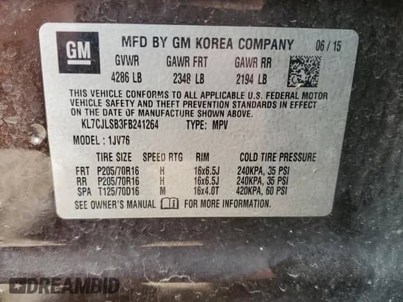 2015 Chevrolet Trax LT with VIN KL7CJLSB3FB241264, listed as a Copart auction lot 85858555 with 67,125 mi miles and Salvage title. Bid and sale history available at DreamBid. Image 12.