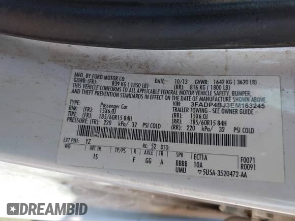 2014 Ford Fiesta SE z VIN 3FADP4BJ3EM163245, wystawiony jako IAAI lot #43133952 z przebiegiem 122 351 mil mil oraz . Historia ofert i sprzedaży dostępna na DreamBid. Obrazek 9.