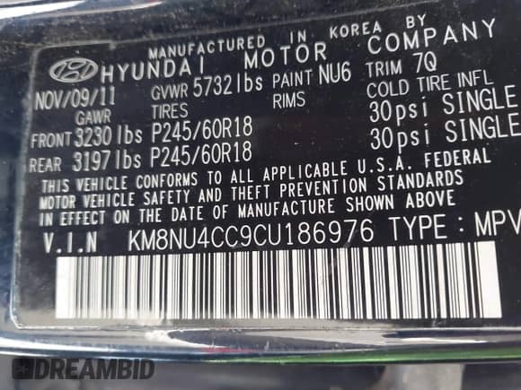 2012 Hyundai Veracruz Limited with VIN KM8NU4CC9CU186976, listed as a IAAI auction lot 42337951 with 148,084 mi miles and . Bid and sale history available at DreamBid. Image 9.