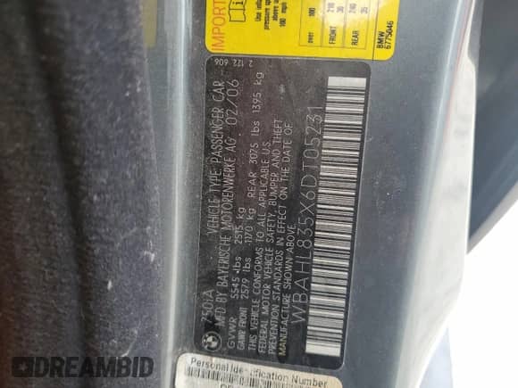 2006 BMW 7 Series 750i with VIN WBAHL835X6DT05231, listed as a Copart auction lot 52806995 with 101,357 mi miles and Salvage title. Bid and sale history available at DreamBid. Image 12.