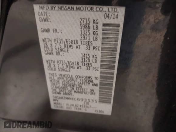 2014 Nissan Pathfinder SV with VIN 5N1AR2MMXEC693535, listed as a IAAI auction lot 41273732 with 149,962 mi miles and . Bid and sale history available at DreamBid. Image 9.
