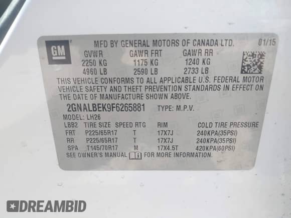 2015 Chevrolet Equinox LT with VIN 2GNALBEK9F6265881, listed as a IAAI auction lot 42922944 with 140,215 mi miles and . Bid and sale history available at DreamBid. Image 9.