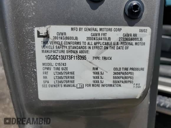 2003 Chevrolet Silverado 1500HD LS with VIN 1GCGC13U73F118395, listed as a Copart auction lot 53743745 with Not provided miles and Salvage title. Bid and sale history available at DreamBid. Image 12.