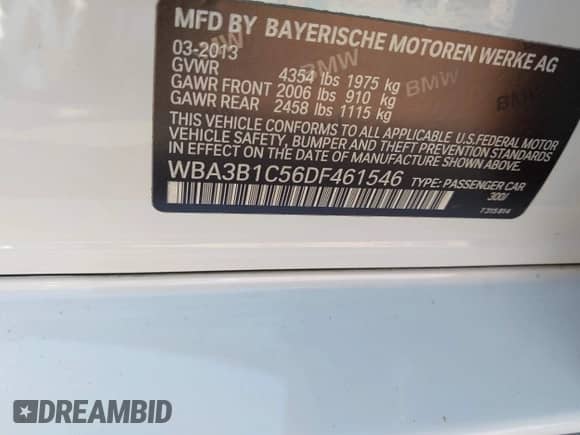 2013 BMW 3 Series 320i с VIN WBA3B1C56DF461546, выставлен на аукционе IAAI как лот 42946321 с пробегом 75 860 миль миль и . История ставок и продаж доступна на DreamBid. Изображение 9.