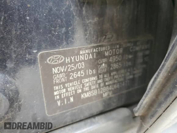 2004 Hyundai Santa Fe с VIN KM8SB12B84U661471, выставлен на аукционе Copart как лот 83245224 с пробегом 137 094 миль миль и Списание • Salvage title. История ставок и продаж доступна на DreamBid. Изображение 13.