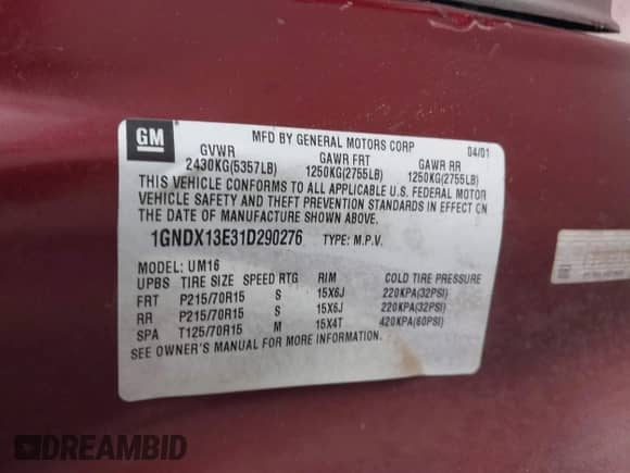2001 Chevrolet Venture LT с VIN 1GNDX13E31D290276, выставлен на аукционе IAAI как лот 41010367 с пробегом 133 940 миль миль и . История ставок и продаж доступна на DreamBid. Изображение 9.