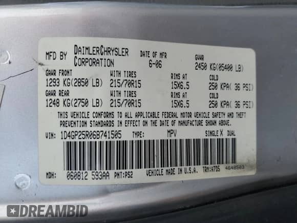 2006 Dodge Caravan SE with VIN 1D4GP25R06B741505, listed as a Copart auction lot 80727995 with 159,945 mi miles and Salvage title. Bid and sale history available at DreamBid. Image 13.