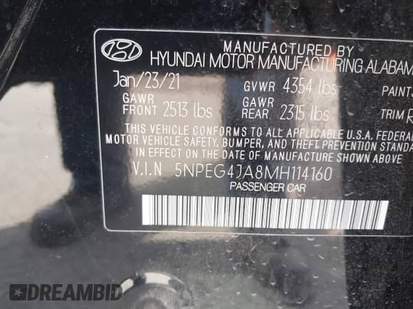 2021 Hyundai Sonata SE with VIN 5NPEG4JA8MH114160, listed as a IAAI auction lot 43243265 with 23,840 mi miles and . Bid and sale history available at DreamBid. Image 9.