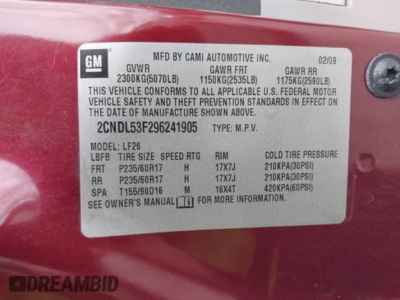 2009 Chevrolet Equinox 2LT with VIN 2CNDL53F296241905, listed as a IAAI auction lot 42000312 with 185,644 mi miles and . Bid and sale history available at DreamBid. Image 9.