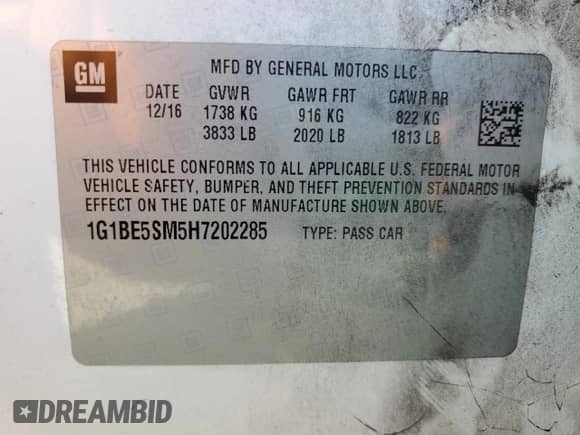 2017 Chevrolet Cruze LT с VIN 1G1BE5SM5H7202285, выставлен на аукционе Copart как лот 85319085 с пробегом 122 142 миль миль и Списание • Salvage title. История ставок и продаж доступна на DreamBid. Изображение 13.