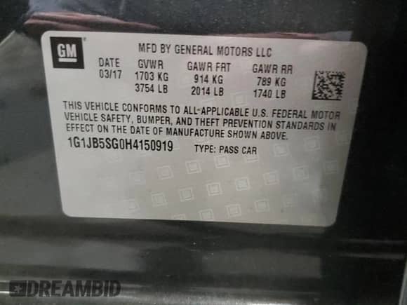 2017 Chevrolet Sonic LS с VIN 1G1JB5SG0H4150919, выставлен на аукционе Copart как лот 85850985 с пробегом 88 517 миль миль и Списание • Salvage title. История ставок и продаж доступна на DreamBid. Изображение 12.