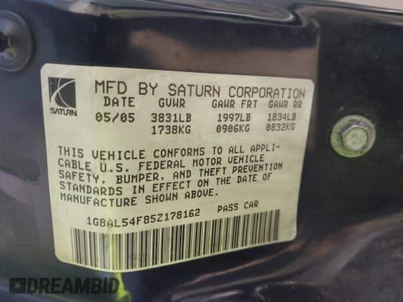 2005 Saturn ION ION 3 with VIN 1G8AL54F85Z178162, listed as a IAAI auction lot 42571243 with 120,614 mi miles and . Bid and sale history available at DreamBid. Image 9.