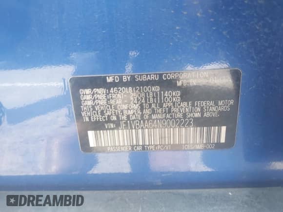 2022 Subaru WRX with VIN JF1VBAA64N9002223, listed as a IAAI auction lot 42159263 with 29,730 mi miles and . Bid and sale history available at DreamBid. Image 9.