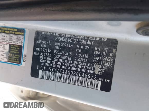 2011 Hyundai Santa Fe Limited с VIN 5XYZK4AG0BG048972, выставлен на аукционе IAAI как лот 43068701 с пробегом 215 412 миль миль и . История ставок и продаж доступна на DreamBid. Изображение 9.