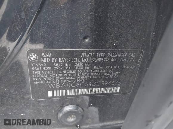 2011 BMW 7 Series 750i xDrive with VIN WBAKC6C54BC394675, listed as a IAAI auction lot 42394276 with 207,246 mi miles and . Bid and sale history available at DreamBid. Image 9.