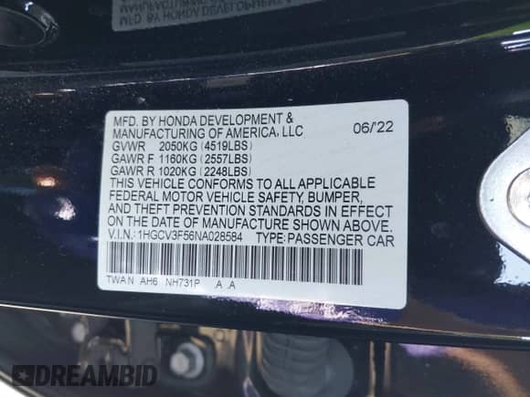 2022 Honda Accord EX-L с VIN 1HGCV3F56NA028584, выставлен на аукционе IAAI как лот 41319440 с пробегом 56 532 миль миль и . История ставок и продаж доступна на DreamBid. Изображение 9.