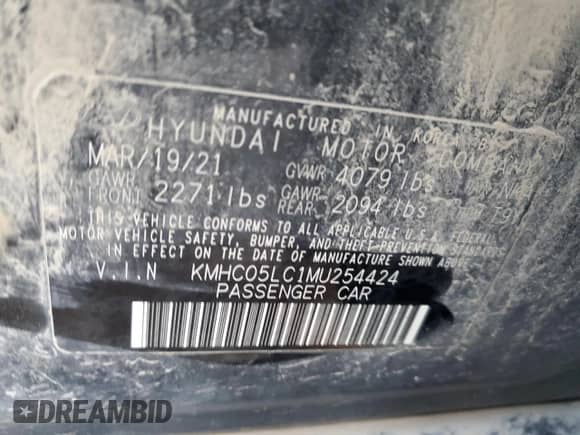 2021 Hyundai Ioniq Limited с VIN KMHC05LC1MU254424, выставлен на аукционе Copart как лот 83341754 с пробегом Не указан миль и Списание • Salvage title. История ставок и продаж доступна на DreamBid. Изображение 12.