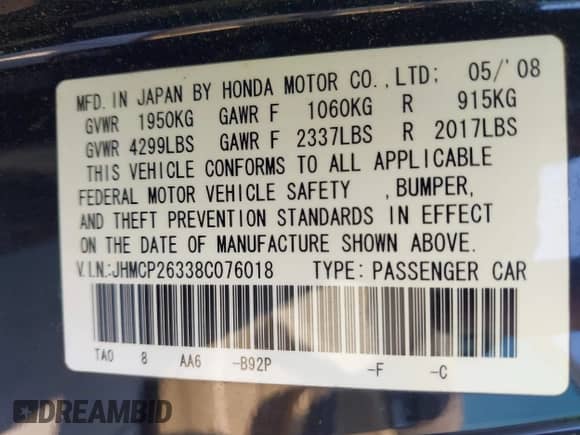2008 Honda Accord LX с VIN JHMCP26338C076018, выставлен на аукционе IAAI как лот 43185815 с пробегом Не указан миль и . История ставок и продаж доступна на DreamBid. Изображение 9.
